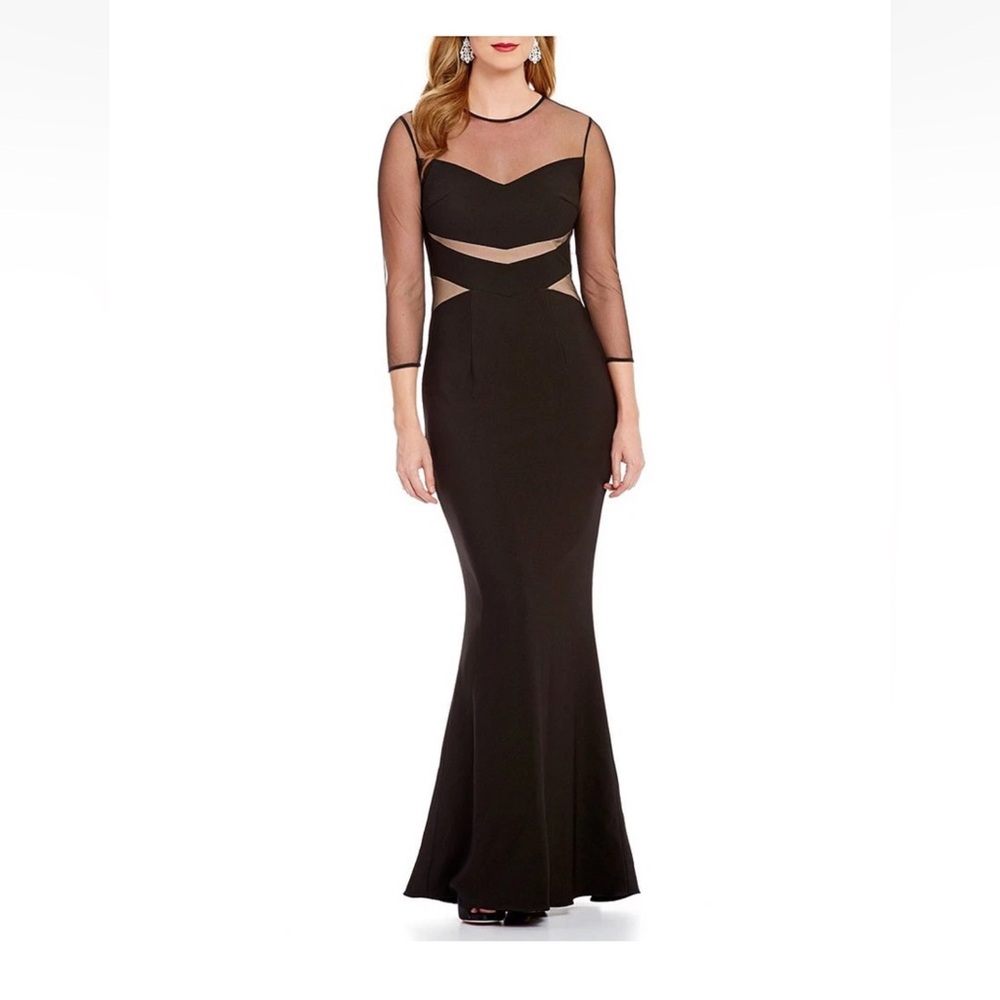 JS COLLECTIONS Black Nude Sheer Illusion Lace Ottoman Stretch Mermaid Gown 2